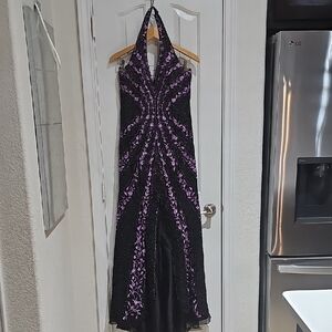 Tiffany Vintage Elegant Black and Purple Halter Dress Size 8,  100% Silk